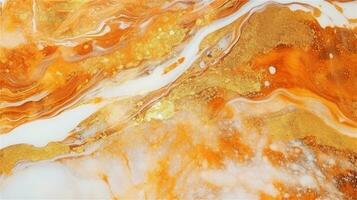 a close up of a marble surface with orange and white paint AI Generated photo