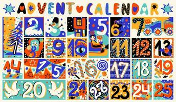Advent calendar with bright Christmas decoration. Countdown to Christmas with numbers. Xmas numbers vector
