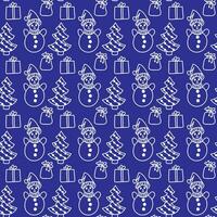 Christmas pattern in doodle style. White line on a dark blue background. Vector illustration.