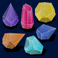 A set of vector illustrations of a collection of crystal multicolored gems. Broken transparent shapes of crystals, jewelry stones with edges and shadows on a dark background. Easy transparency