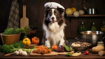 a black and white dog wearing a chef's hat surrounded by vegetables AI Generated photo