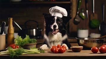a black and white dog wearing a chef's hat surrounded by vegetables AI Generated photo