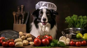 a black and white dog wearing a chef's hat surrounded by vegetables AI Generated photo