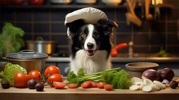 un negro y blanco perro vistiendo un del chef sombrero rodeado por vegetales ai generado foto