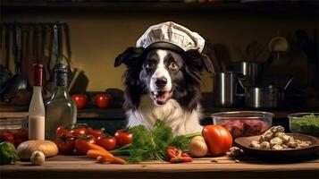 un negro y blanco perro vistiendo un del chef sombrero rodeado por vegetales ai generado foto