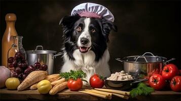 un negro y blanco perro vistiendo un del chef sombrero rodeado por vegetales ai generado foto