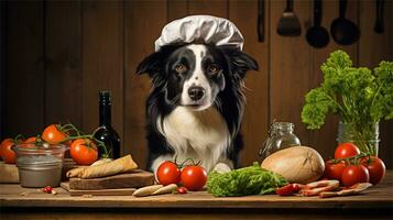 un negro y blanco perro vistiendo un del chef sombrero rodeado por vegetales ai generado foto