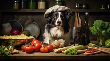 un negro y blanco perro vistiendo un del chef sombrero rodeado por vegetales ai generado foto