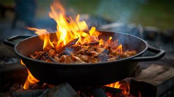 a large pot of food cooking over a fire AI Generated photo