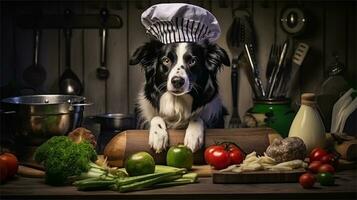 a black and white dog wearing a chef's hat surrounded by vegetables AI Generated photo