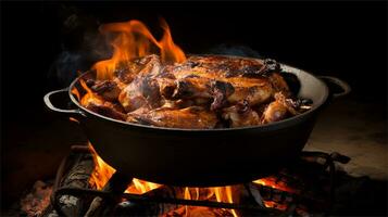 a large pot of food cooking over a fire AI Generated photo