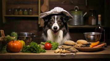 a black and white dog wearing a chef's hat surrounded by vegetables AI Generated photo