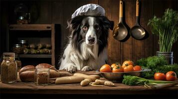 a black and white dog wearing a chef's hat surrounded by vegetables AI Generated photo