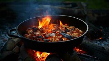 a large pot of food cooking over a fire AI Generated photo