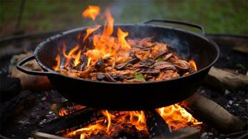 a large pot of food cooking over a fire AI Generated photo