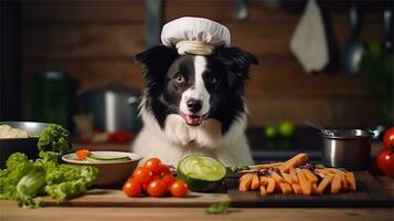 un negro y blanco perro vistiendo un del chef sombrero rodeado por vegetales ai generado foto