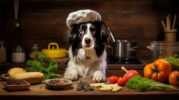 a black and white dog wearing a chef's hat surrounded by vegetables AI Generated photo
