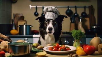 un negro y blanco perro vistiendo un del chef sombrero rodeado por vegetales ai generado foto
