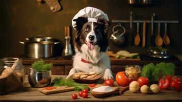 a black and white dog wearing a chef's hat surrounded by vegetables AI Generated photo