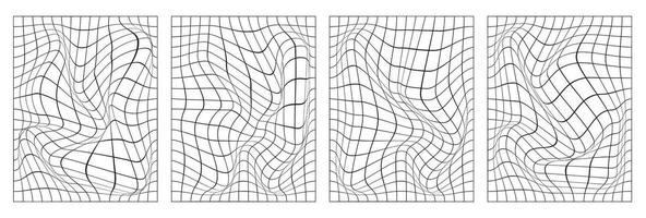 Set of distorted vertical grid pattern. Black shapes on a white background. Trendy retro 1980s, 90s, 2000s style. Set of abstract backgrounds.Print, poster, banner. vector