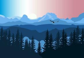 Forest and mountains illustration. Calm mountain forest, bird, wild nature scene landscape. View of blue mountains.Vector illustration. vector