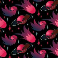 Vector space seamless pattern. Cartoon space texture with a planet, a flying fiery asteroid and a space funnel and stars in pink colors on a black background. Space Adventure