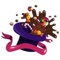 Purple hat with chocolate and sweets. The world of the creator of sweets. The chocolate factory. Chocolate and various candies fly out of a hat with a ribbon in a group on a white, chocolate fountain. vector