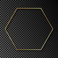 Gold glowing hexagon frame with shadow isolated on dark background. Shiny frame with glowing effects. Vector illustration.