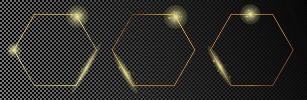 Set of three gold glowing hexagon frames isolated on dark background. Shiny frame with glowing effects. Vector illustration.