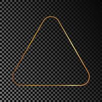 Gold glowing rounded triangle frame isolated on dark background. Shiny frame with glowing effects. Vector illustration.