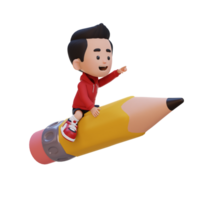 3D kid character riding a pencil and pointing hand png