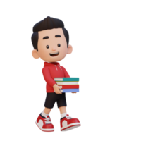 3D happy kid character holding book png