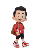 3D happy kid character walking go to school holding book png