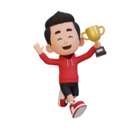 3d niño personaje celebrando ganar participación un trofeo png