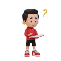 3D kid character get confused when reading a book png