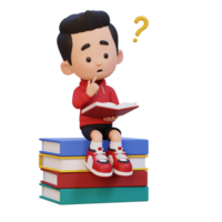 3D kid character get confused when reading a book png