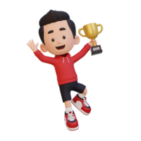 3D kid character celebrating win holding a trophy png