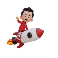 3D kid character riding a rocket and waving hand png