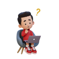 3D cute kid character confused on a laptop png