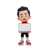 3D kid Character Holding and Presenting to a Laptop with Empty Screen png