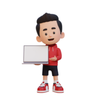 3D kid Character Holding and Presenting to a Laptop with Empty Screen png