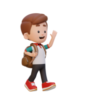 3D happy kid character walking and waving hand png