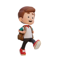 3D happy kid character walking go to school holding bag png