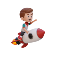 3D kid character riding a rocket and pointing hand png