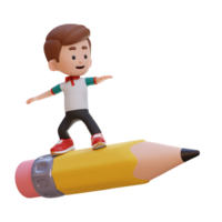 3D kid character standing riding a pencil png