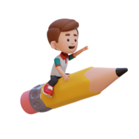 3D kid character riding a pencil and pointing hand png