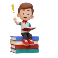 3D kid character get an idea when reading a book png