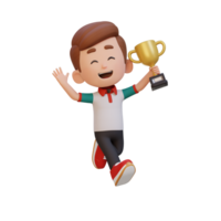 3D kid character celebrating win holding a trophy png