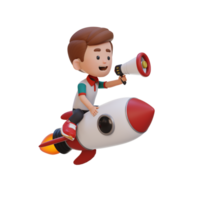 3D kid character riding a rocket and holding megaphone png