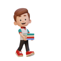 3D happy kid character holding book png